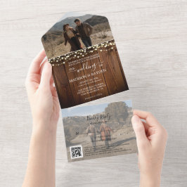 Rustikales Holz String Lights Foto QR Code Wedding All In One Einladung