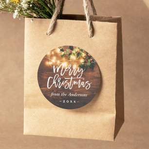 Rustikales Holz String Lights Frohe Weihnachtsfeie Runder Aufkleber