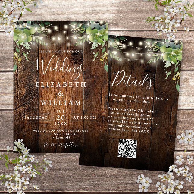 Rustikales Holz String Lights Grüne QR Code Hochze Einladung (Rustic Wood String Lights Greenery QR Code Wedding Invitation)