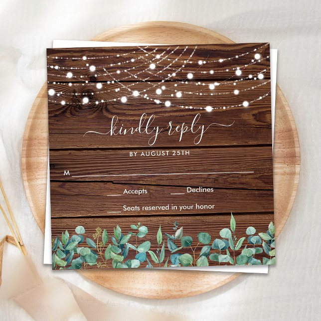 Rustikales Holz-String-Lights Hochzeit RSVP Mitteilungskarte (Von Creator hochgeladen)