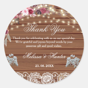 Rustikales Holz String Lights Hochzeit Vielen Dank Runder Aufkleber