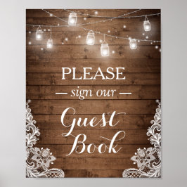 Rustikales Holz String Lights Lace Sign Gästebuch