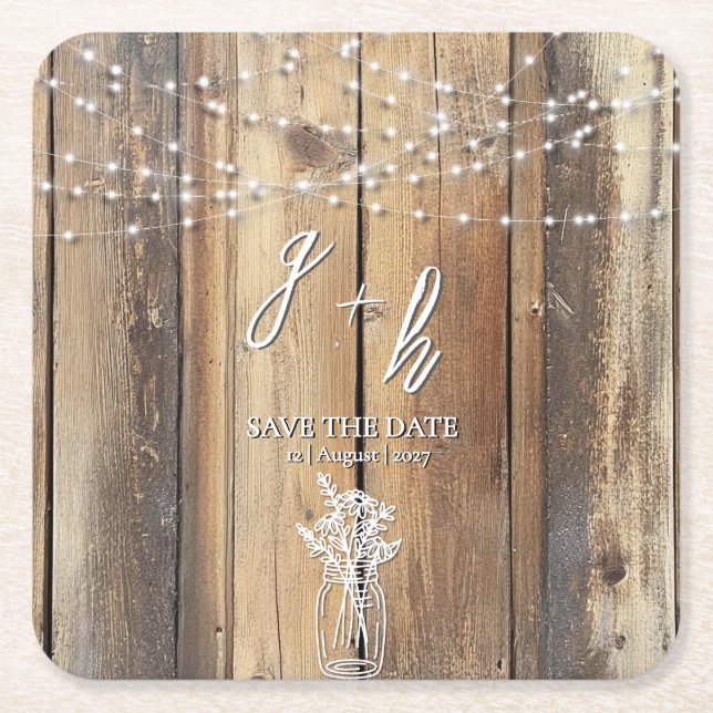 Rustikales Holz String Lights Mason Jar Speichern  Rechteckiger Pappuntersetzer (Vorderseite)