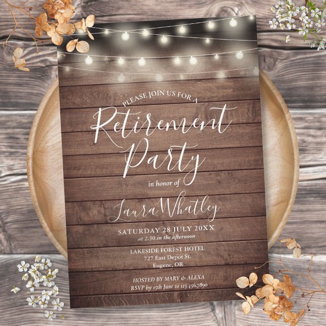Rustikales Holz String Lights Retirement Party Einladung (Rustic Wood String Lights Retirement Party Invitation)