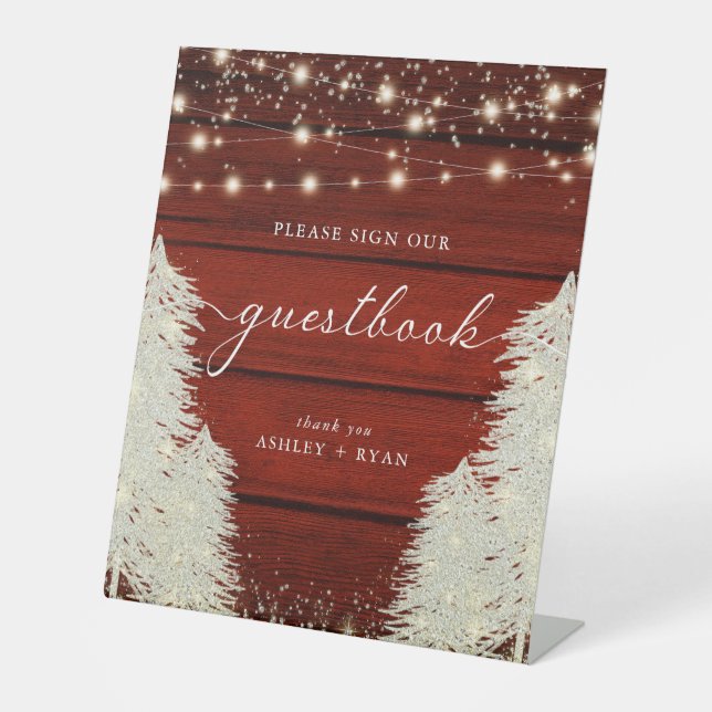 Rustikales Holz | String Lights | Trees Guestbook  Sockelschild (Vorderseite)