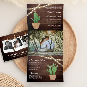 Rustikales Holz String Lights Wüstenkakteen Weddin Dreifach Gefaltete Einladung