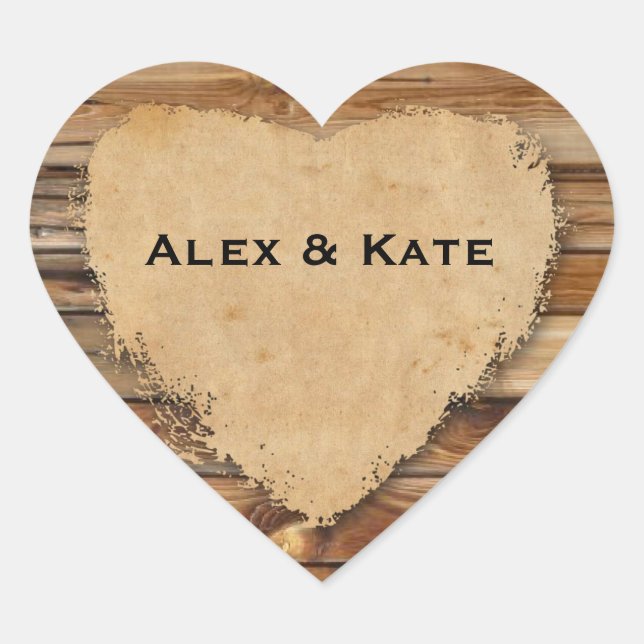Rustikales Holz Tattered Heart Gastgeschenk Hochze Herz-Aufkleber (Vorderseite)