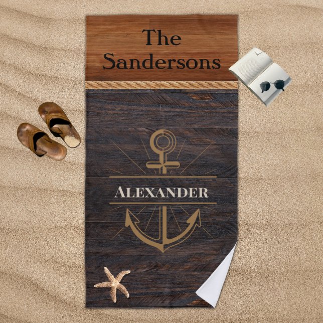 Rustikales Holz Tone Coastal Anchor Nautical Monog Strandtuch (Von Creator hochgeladen)