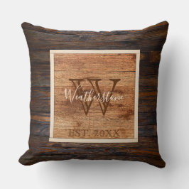 Rustikales Holz Tone Monogram Square Design Kissen