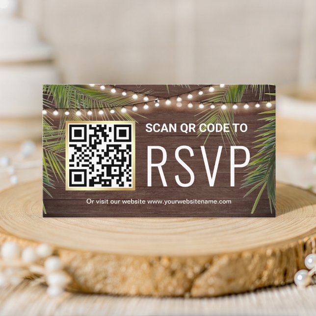 Rustikales Holz Tropenpalme QR Code UAWG Wedding Begleitkarte (Von Creator hochgeladen)