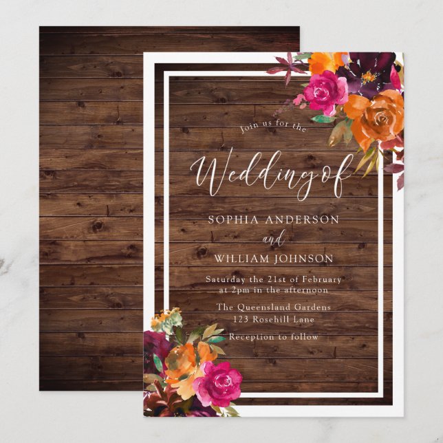 Rustikales Holz Tropical Herbst Blume Hochzeit Einladung (Vorne/Hinten)