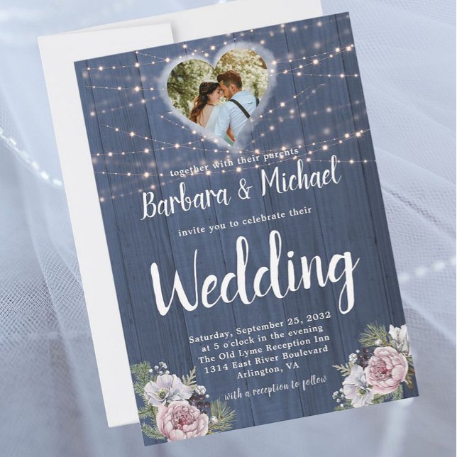 Rustikales Holz Twinkle Lights Foto Blumenzehen Einladung (Von Creator hochgeladen)