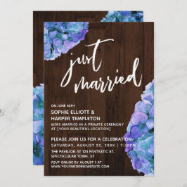 Rustikales Holz und Blue Hydrangea Just Married Einladung
