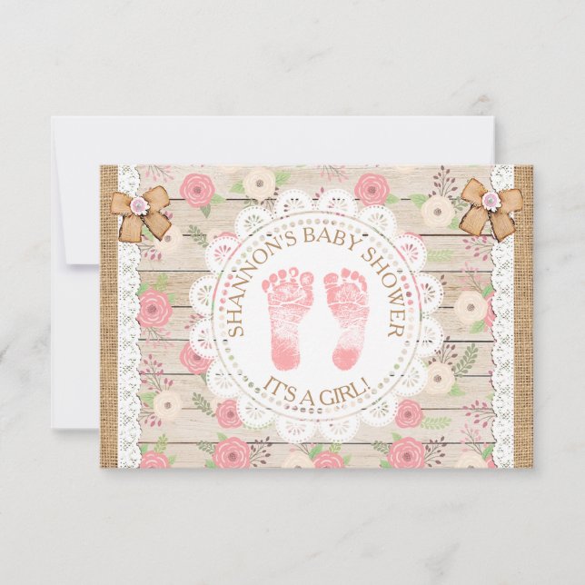 Rustikales Holz und Blume Rosa und Tan Babydusche Einladung (Vorderseite)