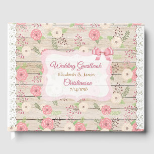 Rustikales Holz und Blume Rosa und Tan Hochzeitsbu Gästebuch