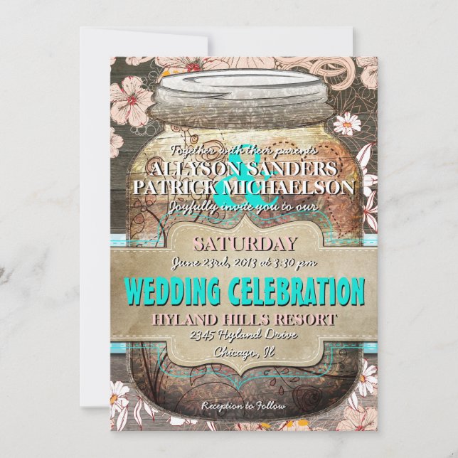 Rustikales Holz und Blumenmason Jar Hochzeit Einla Einladung (Vorderseite)