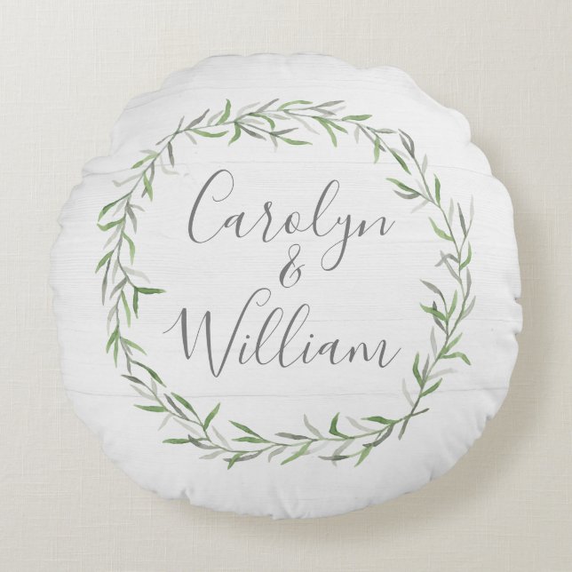 Rustikales Holz und botanische Blätter Wreath Wedd Rundes Kissen (Vorderseite)