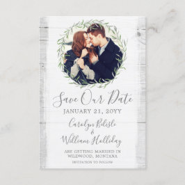 Rustikales Holz und botanischer Leaf-Kranz Save th Einladung