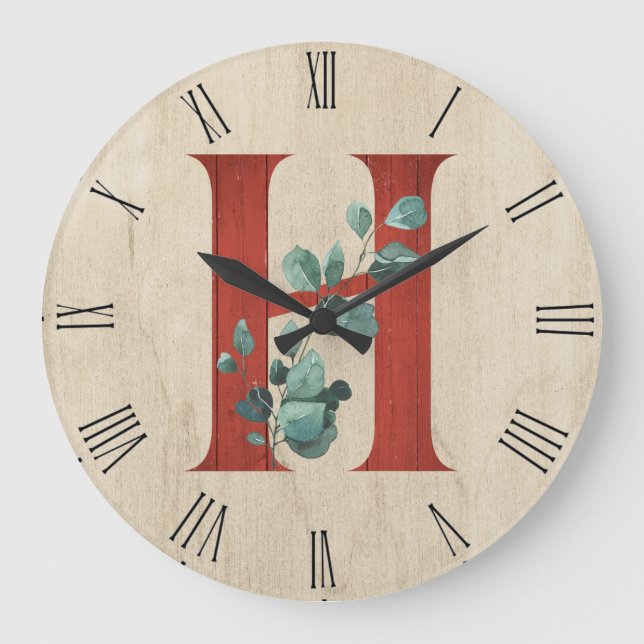 Rustikales Holz und Eukalyptus Letter H Large Cloc Große Wanduhr (Vorderseite)