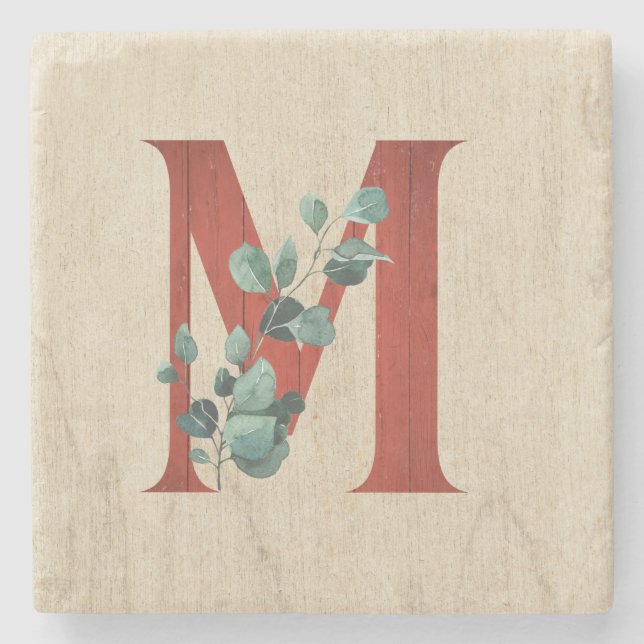 Rustikales Holz und Eukalyptus Letter M Steinuntersetzer (Vorderseite)