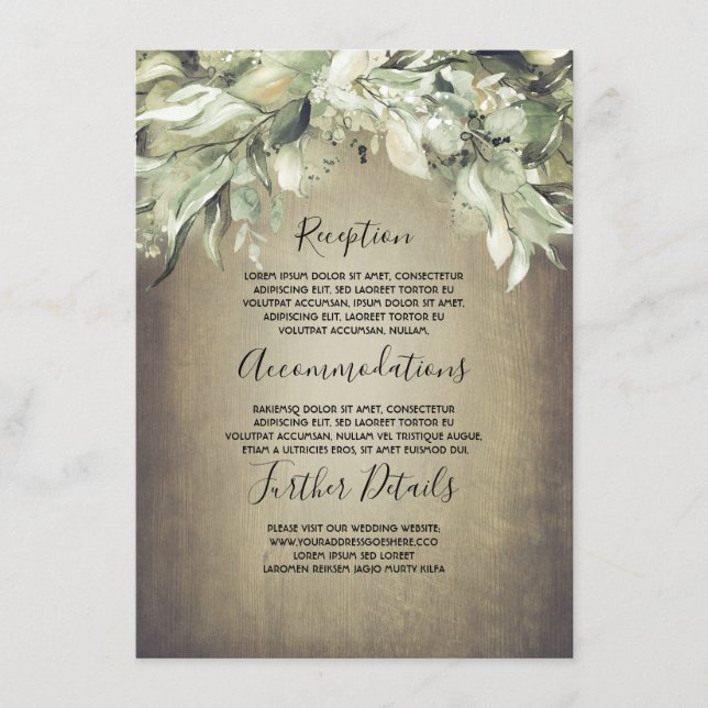 Rustikales Holz und Grüne Hochzeitsinformationen Begleitkarte (Vorderseite)