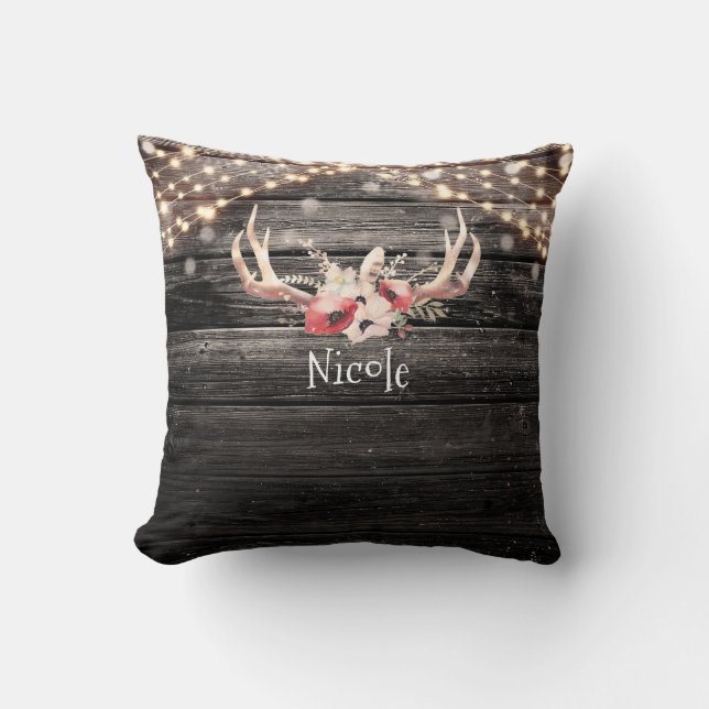 Rustikales Holz und Lichter Blumenantler Boho Chic Kissen (Vorderseite)