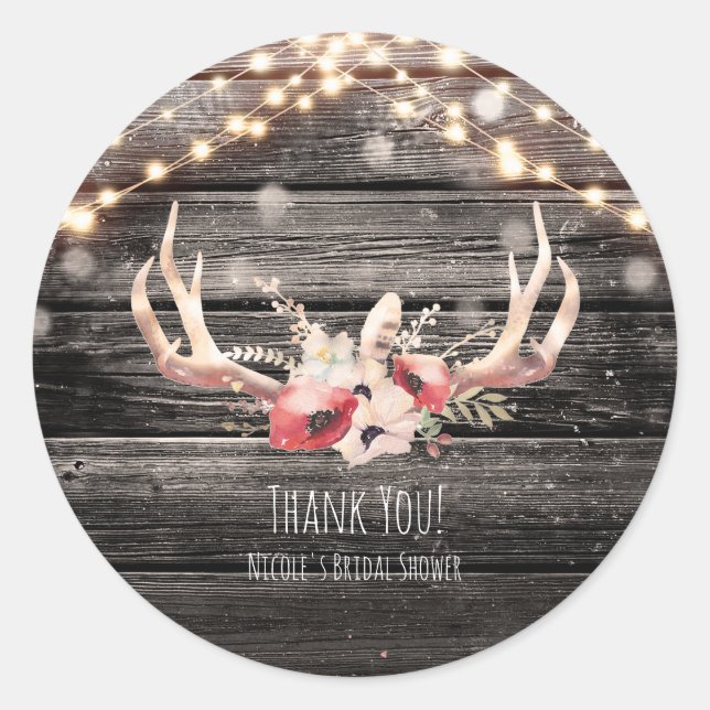 Rustikales Holz und Lichter Blumenantler Glam Boho Runder Aufkleber (Vorderseite)