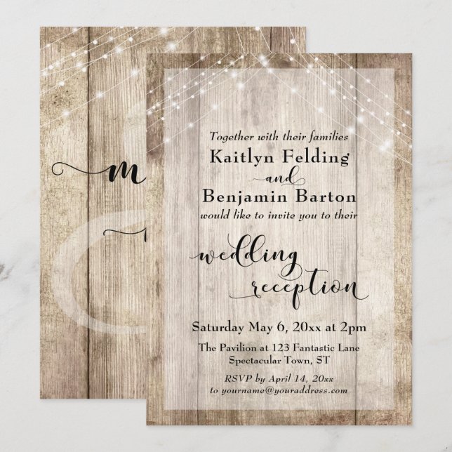 Rustikales Holz und Lichtgestecke Hochzeitsempfang Einladung (Vorne/Hinten)