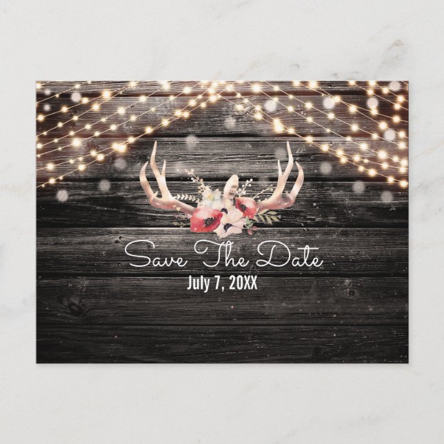 Rustikales Holz und Lights Floral Antler Save the  Ankündigungspostkarte (Vorderseite)