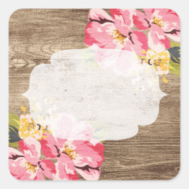 Rustikales Holz und Pink Hibiskus Blume Land Quadratischer Aufkleber