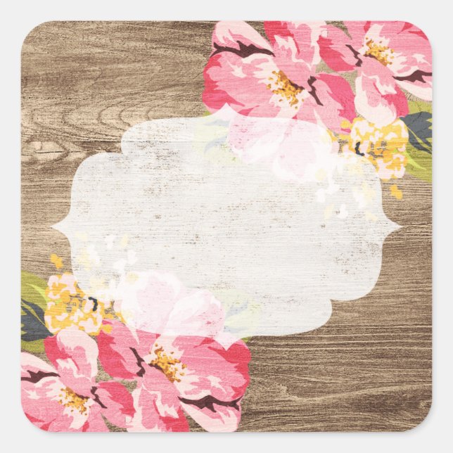 Rustikales Holz und Pink Hibiskus Blume Land Quadratischer Aufkleber (Vorderseite)