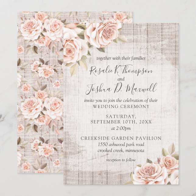 Rustikales Holz und romantische Rose Shabby Chic H Einladung (Vorne/Hinten)
