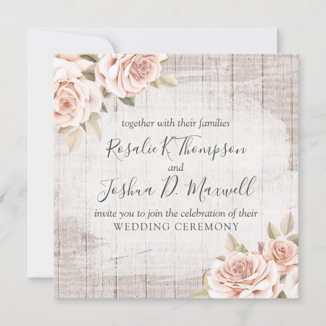 Rustikales Holz und romantische Rose Shabby Chic H Einladung (Vorderseite)