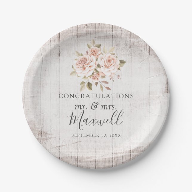 Rustikales Holz und romantische Rose Shabby Chic H Pappteller (Vorderseite)