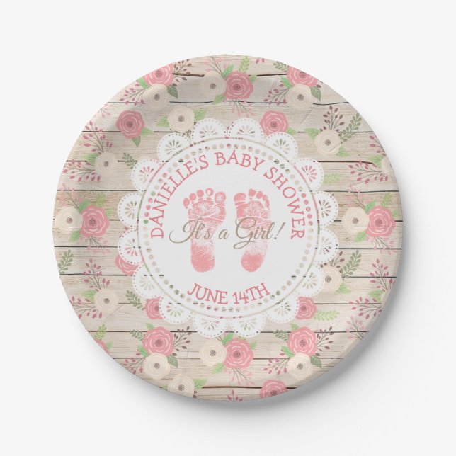 Rustikales Holz und rosa Blume Kuchen Papier Telle Pappteller (Vorderseite)