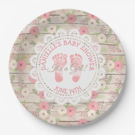 Rustikales Holz und rosa Blume Papier Teller