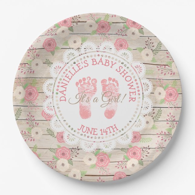 Rustikales Holz und rosa Blume Papier Teller (Vorderseite)