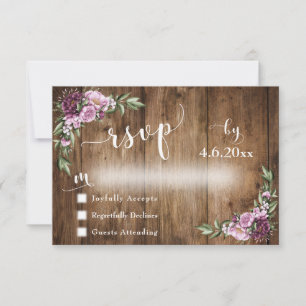 Rustikales Holz und rosa Blumen mit Typografie RSVP Karte