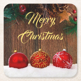 Rustikales Holz und rote Berries Weihnachten Rechteckiger Pappuntersetzer