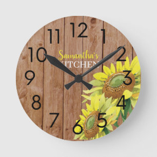 Rustikales Holz und Sonnenblume Personalisierte Kü Runde Wanduhr