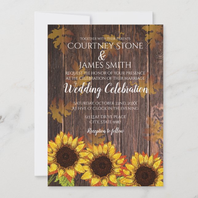 Rustikales Holz und Sonnenblumen | HOCHZEIT IM HER Einladung (Vorderseite)