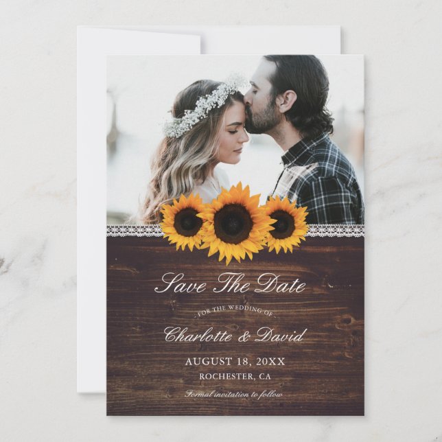Rustikales Holz und Sonnenblumen Save the Date Fot (Vorderseite)