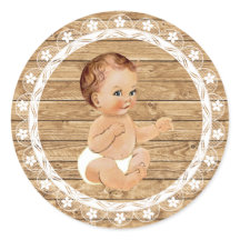 Rustikales Holz- und Spitzen-Babyduschenaufkleber.