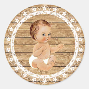 Rustikales Holz- und Spitzen-Babyduschenaufkleber. Runder Aufkleber