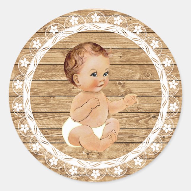 Rustikales Holz- und Spitzen-Babyduschenaufkleber. Runder Aufkleber (Vorderseite)