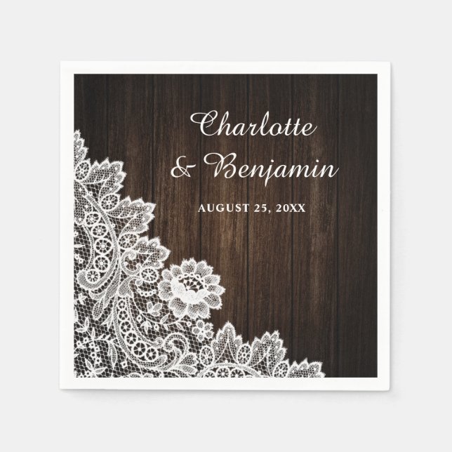 Rustikales Holz und Spitzen-Hochzeit Napkins Serviette (Vorderseite)