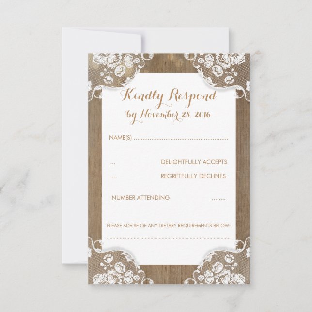 Rustikales Holz und Spitzen-Hochzeit RSVP (Vorderseite)