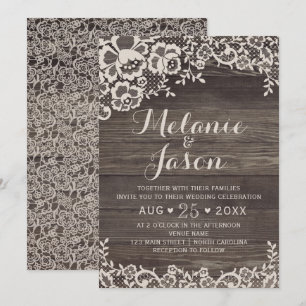 Rustikales Holz und Spitzen-Hochzeitsempfang Einladung