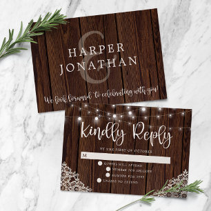 Rustikales Holz und Streichellichter Hochzeitsszen RSVP Karte