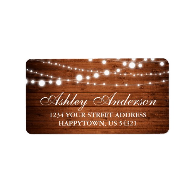 Rustikales Holz und String Lights Adressaufkleber (Vorne)